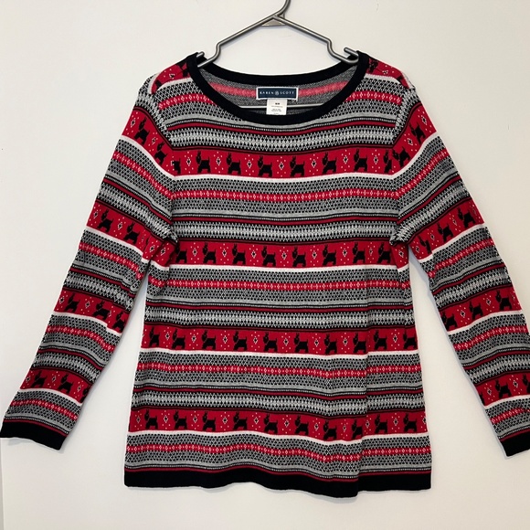 Karen Scott Red Nordic Fair Isle Print Pullover Sweater Scottie Dog Sz Medium - Picture 2 of 11